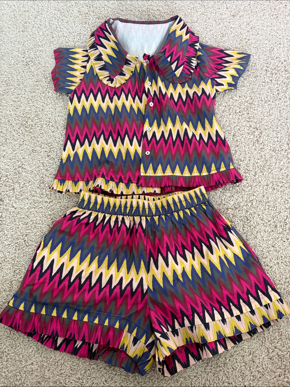 Vibrant Zigzag Print Two-Piece Set - Pink, Yellow, Navy